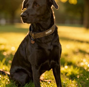 Black Labrador dog sitting in a grassy park at sunset wearing a patterned designer collar.