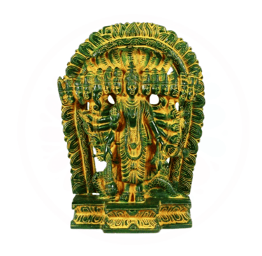 a green and gold statue of a goddess vishnu