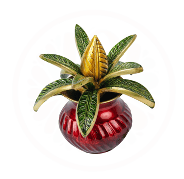 brass kalash a red vase with a plant in it