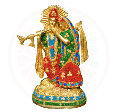 brass radha krishna playing fluet stone statue