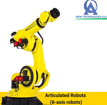 Yellow industrial 6-axis articulated robot arm for automation by ARM Technologies KSA.