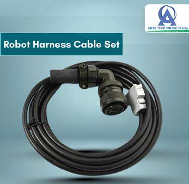 Coiled industrial robot harness cable set with circular multi-pin connectors for automation systems.