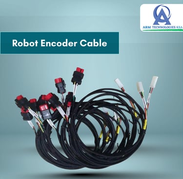 Industrial robot encoder cable harness with black mesh casing and red multi-pin connectors.