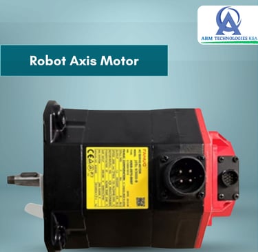 Fanuc robot axis motor with identification label, industrial automation component by ARM Technologies KSA.