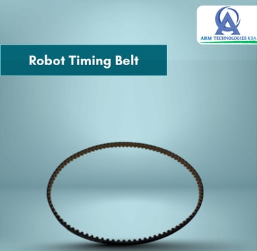 Durable black rubber robot timing belt with a toothed inner surface for industrial automation.