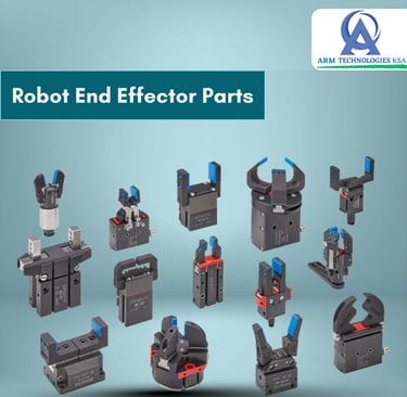 Collection of Gimatic robot end effector parts and pneumatic grippers for industrial automation.