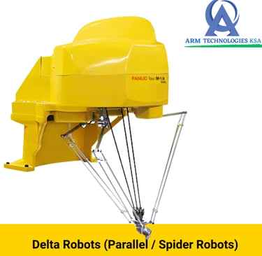 Yellow FANUC Delta robot M-1iA for high-speed industrial automation and parallel picking tasks.