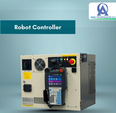 Industrial Fanuc R-30iB Plus robot controller with attached handheld teach pendant.