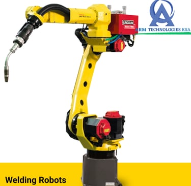 A yellow Fanuc industrial welding robot arm with Lincoln Electric equipment for automated manufacturing.
