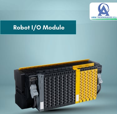Fanuc robot I/O module unit with yellow and black digital input output expansion slots.