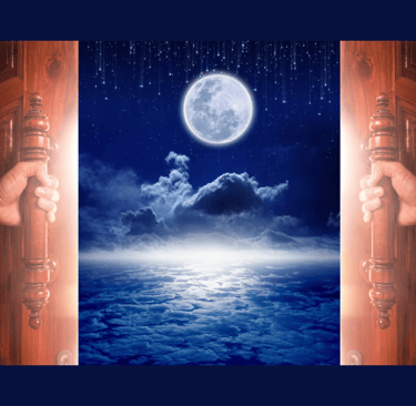Doors opening to a moonlit scene