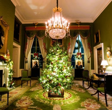 White House Christmas Decor` 2025 - Green Room President Lego Portraits