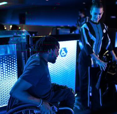 a man in a wheelchair boarding a wheelchair