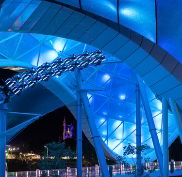 a roller coaster with a blue lit canopy background