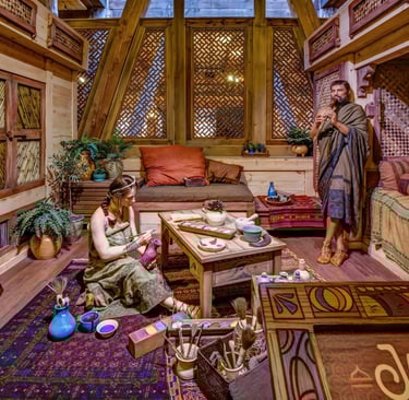 a woman in a room with a couch and a man
