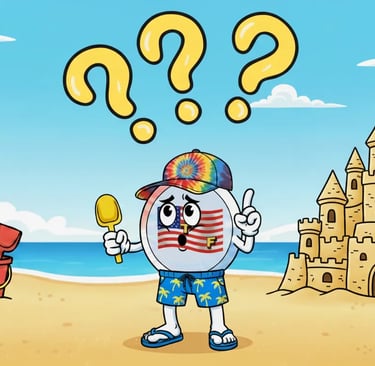 Confused American Travel Fun mascot on a beach next to a sandcastle, with large yellow question marks above its head.