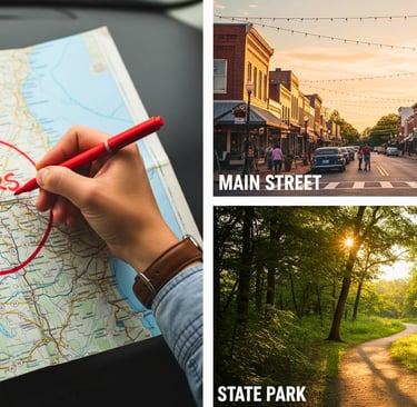 Hand circling 2-hour radius on map split with scenic small town main street and state park trail views.
