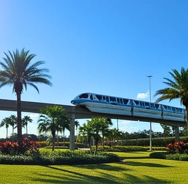 Disney World monorail train on an elevated track surrounded by palm trees and lush landscaping under a bright blue sky