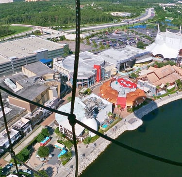 a view of Disney Springs in Orlando, Florida from a hat-air balloon
