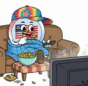 ATF Man sitting on a couch, eating chips, watching American Travel Fun YouTube Channel on TV
