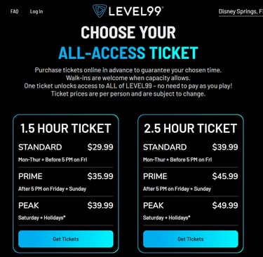 Level 99 Disney Springs all-access ticket prices for 1.5 and 2.5 hour sessions.