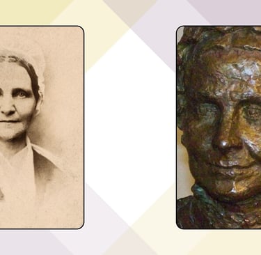a portrait and bronze statue of a woman