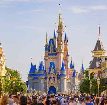 a crowd of people walking around a disney castle