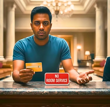 Frustrated tourist holding a credit card at a luxury hotel desk next to a sign that reads 'NO ROOM SERVICE'.