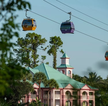 a cable car over a hotel