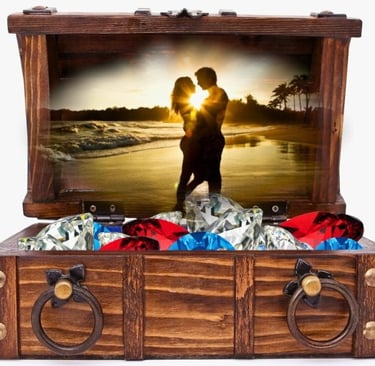 a wooden chest with red, white and blue gems with a photo of a couple hovering above