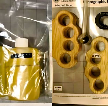 wooden knuckles, stun knuckle, knives and bottles of synthetic urine that are larger than 3.4oz