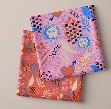 two fabrics folded in pink and red color with nature motives inspired by lovecore trend