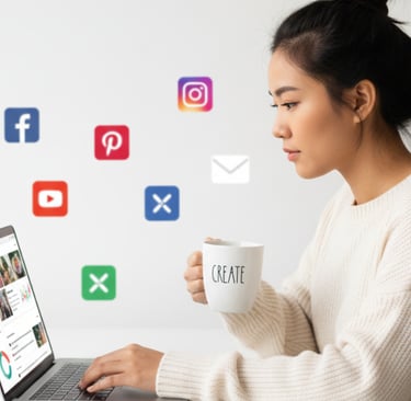 creator working on laptop checking social media