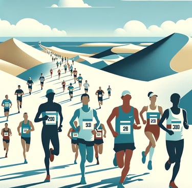 Minimalist depiction of diverse runners, including females, participating in a dunes marathon, in shades of blue, white, and
