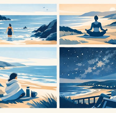 Minimalist illustrations of coastal wellness activities in North Devon across sea, land and night.