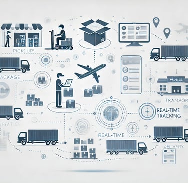 "Minimalist diagram showing the logistics process from pickup to final delivery."