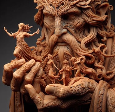 a statue of a man with a beard and a woman with a child
