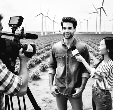 a man and woman standing in front of a camera