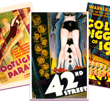 Collage of posters for Footlight Parade, 42nd Street, and Gold Diggers of 1933 with 42nd Street domi
