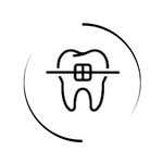 Minimalist dental line icon showing a tooth with orthodontic braces for teeth straightening.