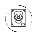 Minimalist line icon of a medical skull X-ray scan inside a circular frame.