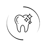 Minimalist dental icon featuring a shiny white tooth with sparkle symbols for oral hygiene and teeth whitening.