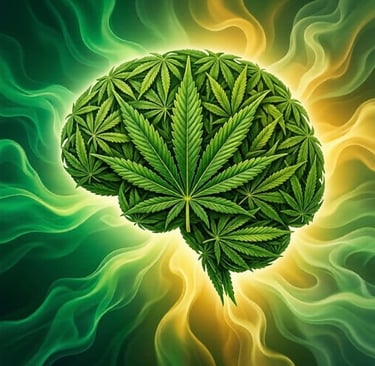 Human brain shaped from green cannabis leaves against a smoky yellow and green swirl background.