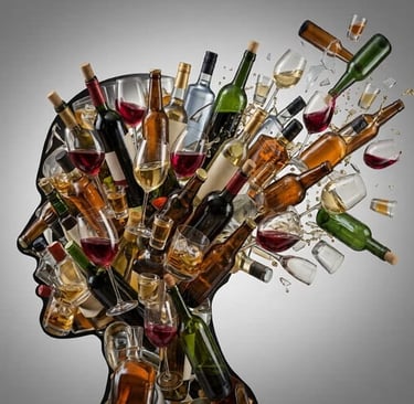 Profile of a human head silhouette filled with exploding wine bottles and glasses for alcohol addiction concept.