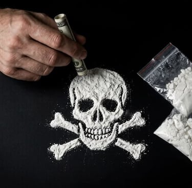 White powder shaped as a skull and crossbones next to drug bags and a hand holding money.