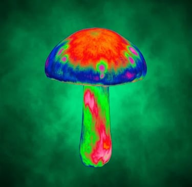 A vibrant psychedelic mushroom with neon thermal colors against a misty green background.