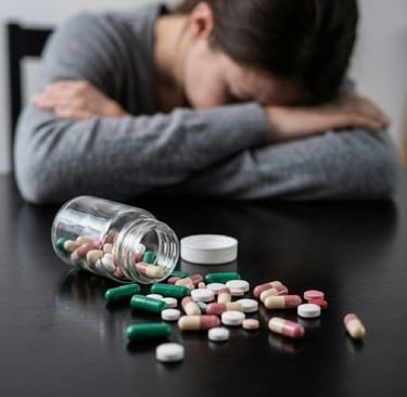 A depressed woman leaning on a table behind a spilled bottle of colorful prescription pills and capsules.