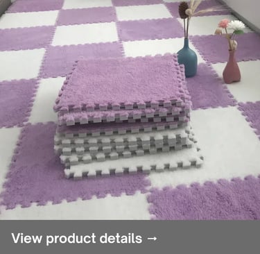 Soft foam puzzle floor mats arranged in a pastel children’s play area