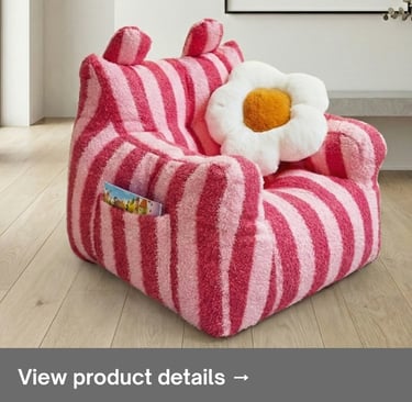 Soft striped kids lounge chair placed on the floor in a cozy playroom