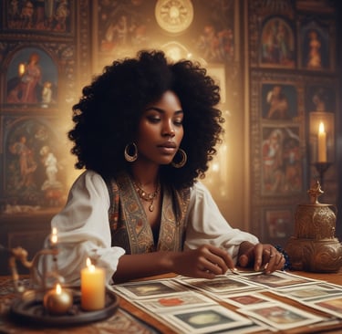 A serene tarot reading setup with candles and crystals glowing softly in a cozy, mystical room.